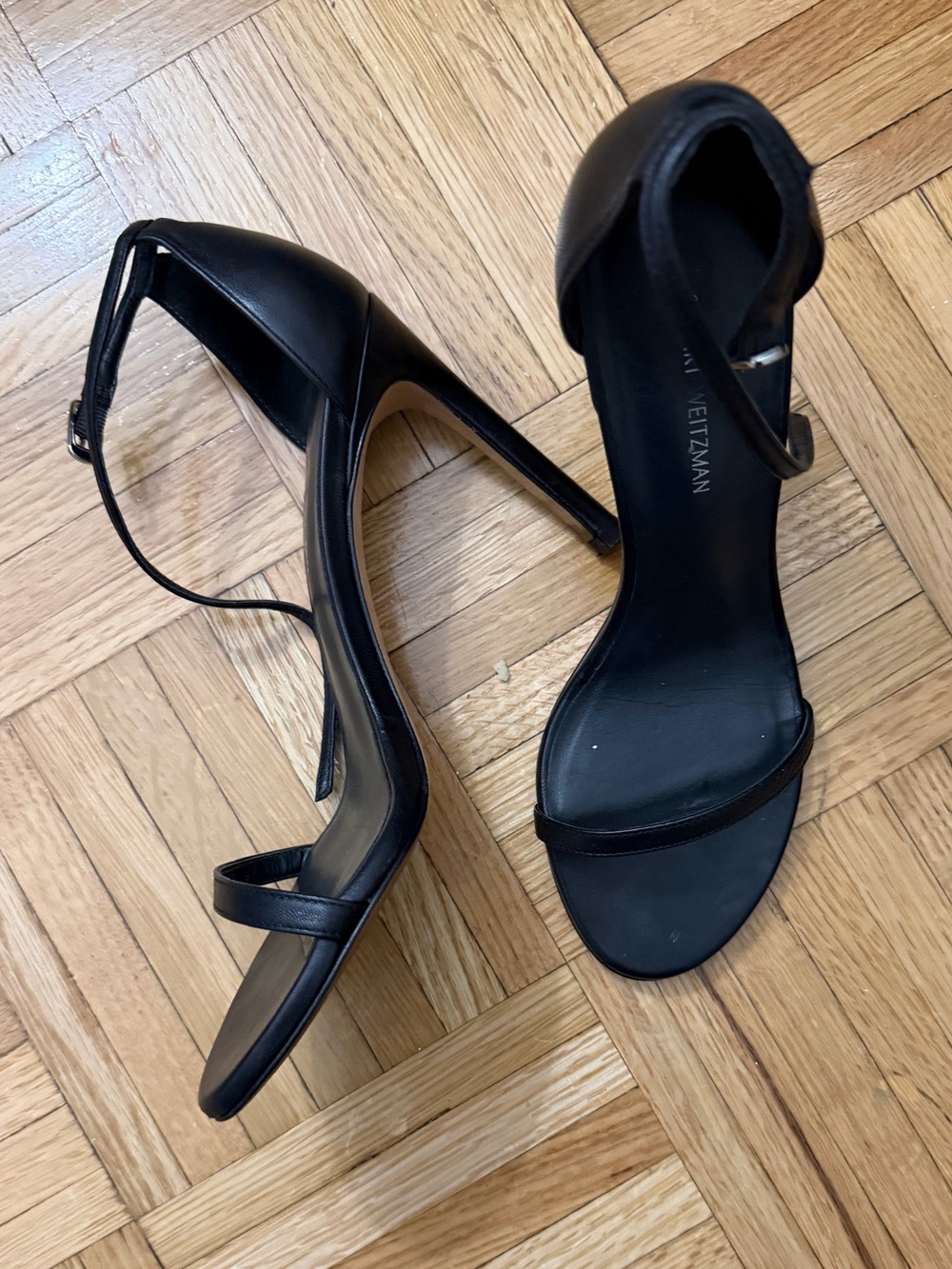 Stuart Weitzman Black Leather Open-Toe Ankle-Strap Stilettos